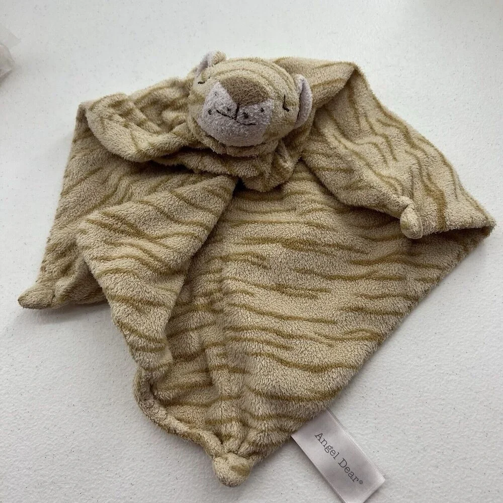 Angel Dear Lovey Baby Security Blanket Plush Beige Tan Tiger Embroidered‎ Face